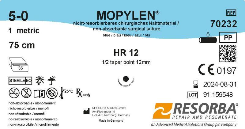 Мопілен USP 5-0 синій, довжина 75 см, колюча голка 12 мм, 1/2 кола